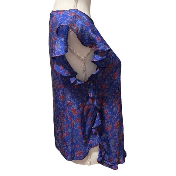 Anthropologie Antik Batik Blue Floral Silk Ruffle Cap Sleeve Blouse Size Small - Picture 2 of 15